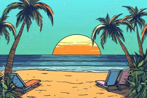 Colorized Drawing of a Tropical Summer Beach