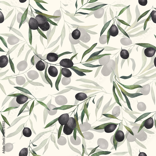 Olive branch. Watercolor illustration. Seamless pattern