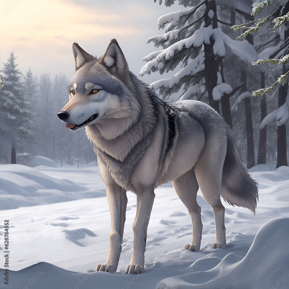 Gray wolf is standing on a snowy field. Winter realistic illustrator landscape. A gray wolf standing in a mountain valley with snow and firs.