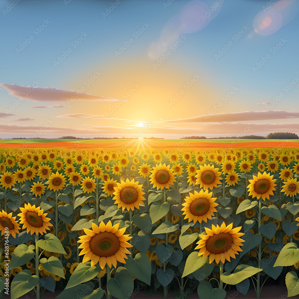 Rural landscape with field sunflowers, farm, fields, meadows and forests in the background. sunset rural landscape painting with golden sunflower field. The warm light of a sunset.