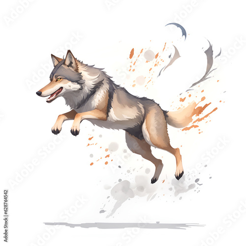 wolf jumping in cartoon style. Cute Little Cartoon wolf hunting isolated on white background. Watercolor drawing  hand-drawn wolf jumping in watercolor. For children s books  for cards 