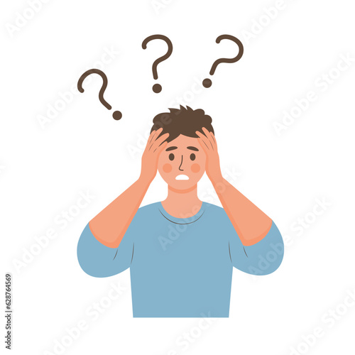 Thinking man holding his head in bewilderment surrounded by question marks. Information overload, tangled mind, burnout, deadline, confused, doubts concept.