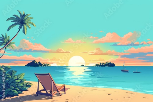 Colorized Drawing of a Tropical Summer Beach