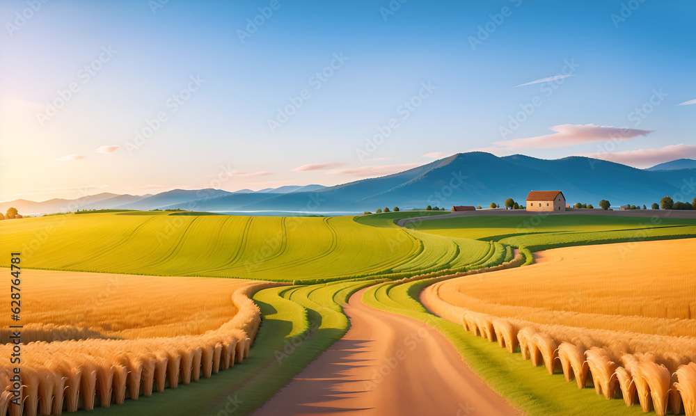 Obraz premium Large wheat in field at a beautiful sunset of nature landscape in sun. Extended rich harvest. Areas agricultural production. Healthy food. Summer season warm. Barley field.