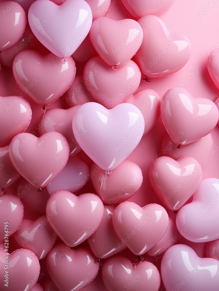 Valentine's day background with a lot of pink heart-shaped balloons on pink background