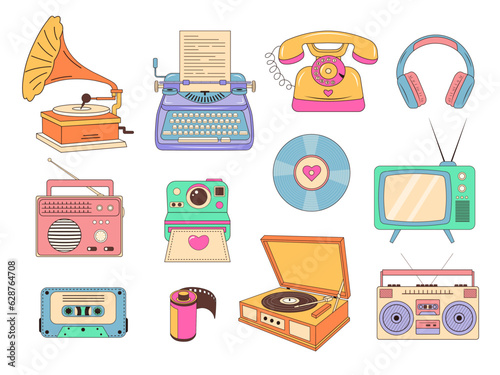 Set of retro devices such as typewriter, phonograph, vintage turntable, vinyl record, camera, earphones, cassette, radio, boombox, telephone, tv and camera roll. Vintage groovy sticker set.