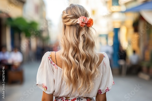 pretty young woman wearing boho style outfit walking in market street, Generative Ai