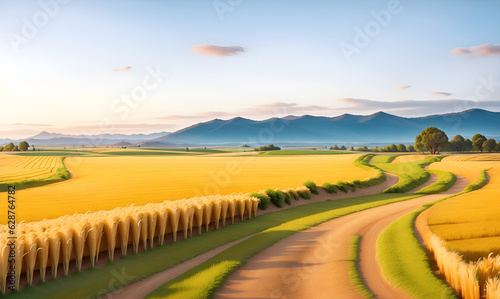 Large wheat in field at a beautiful sunset of nature landscape in sun. Extended rich harvest. Areas agricultural production. Healthy food. Summer season warm. Barley field.