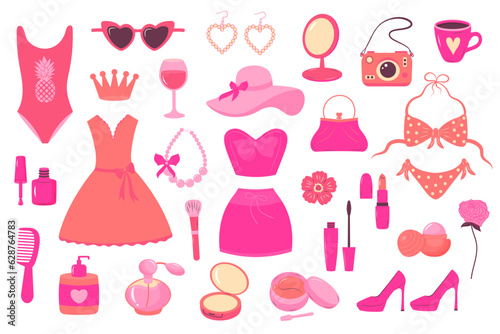 Glamorous trendy pink girl doll stickers set. Nostalgic barbiecore 2000s style collection. National Barbie Day. Accessories, clothes and cosmetics for girls.