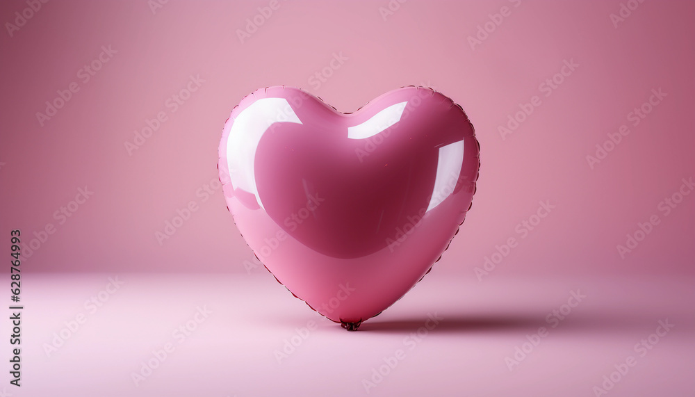 A pink balloon in a heart shape on the table on isolated pink background A pink balloon in a heart shape on the table on isolated pink background