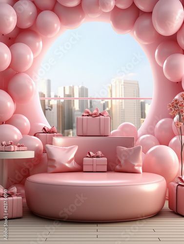 pink color tone contemporary interior design concept with pink ballon as decorations and gifts box  in a living room