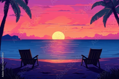 Colorized Drawing of a Tropical Twilight Beachscape