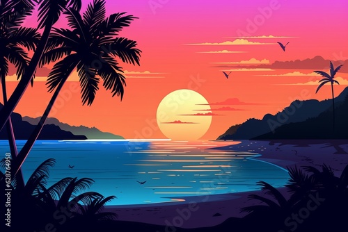 Colorized Drawing of a Tropical Twilight Beachscape