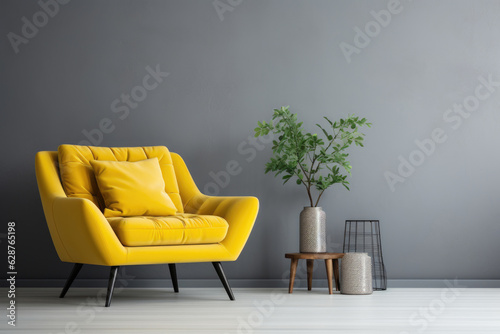 Lavish yellow Couch Complementing a grayl Wall: The Perfect Fusion of Classic Comfort and Chic Interior Design
l photo