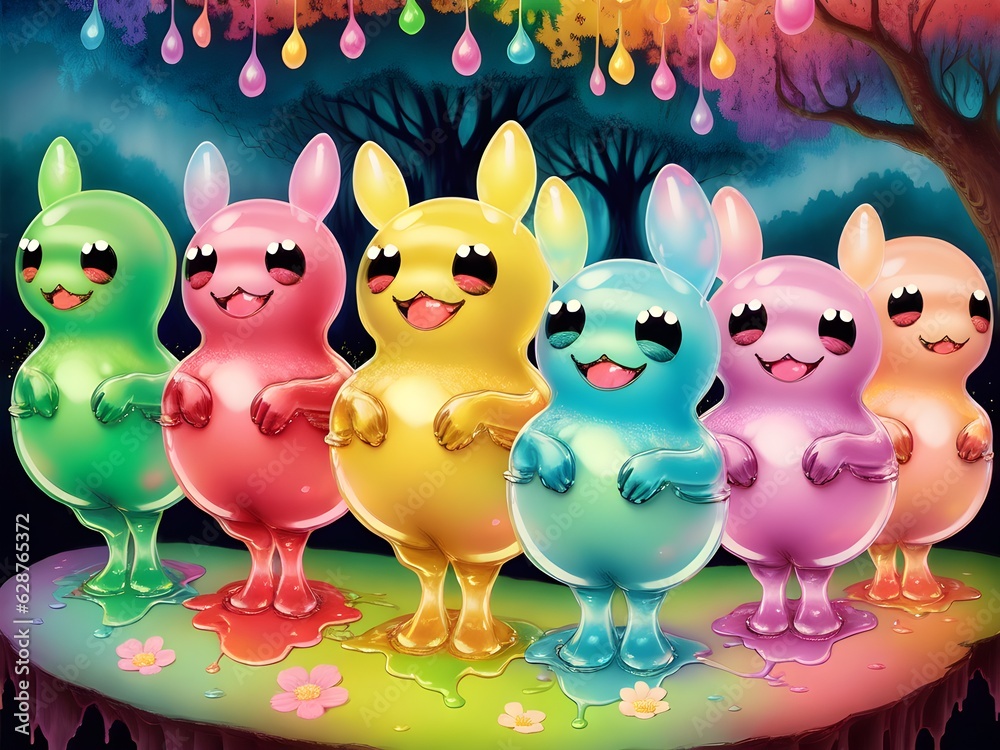 Cute Slime Creatures Celebrating, Generative AI Illustration Cute Slime Creatures Celebrating, Generative AI Illustration