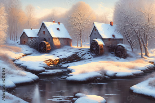 Water Mill in Winter, Oil Paint, Generative AI Illustration