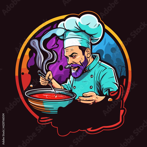 A cook cooks soup in a pot. Cartoon vector illustration.