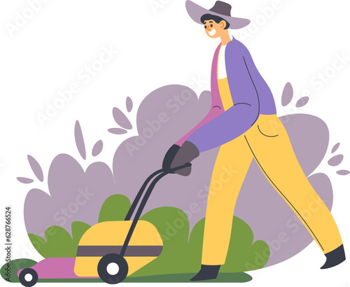 Gardening person with lawn mower tending yard