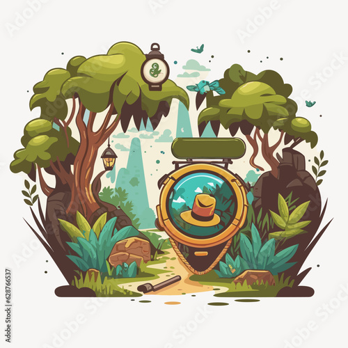 A trip to the countryside. Travelling through the forest. Geocaching treasure hunt among the trees. Cartoon vector illustration.
