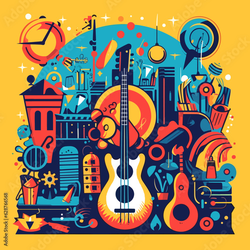 Abstract musical instruments guitars. Music summer festival. Sale of musical instruments. Cartoon vector illustration.