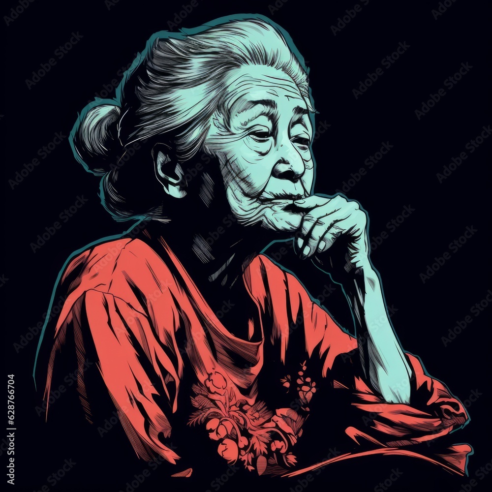 Asian old woman in thinking and doubts monochrome illustration. Female character with dreamy face on abstract background. Ai generated sketch poster.