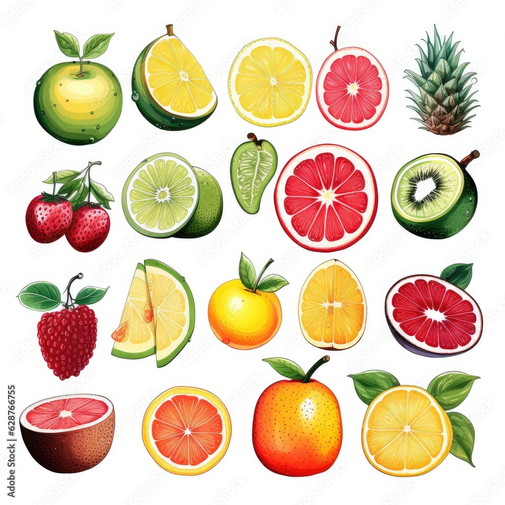 watercolor fresh summer fruit set isolated on white, AI Generated watercolor fresh summer fruit set isolated on white, AI Generated