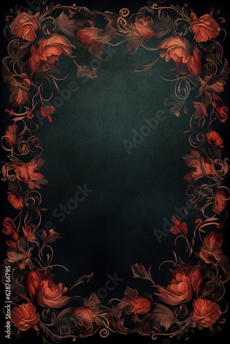 Vintage floral frame with flowers and leaves on a black background.Generative Ai