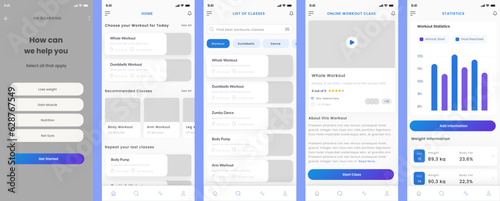 Home Workout, Training and Exercises, Online Fitness Classes and Weight Statistics App UI Kit Template