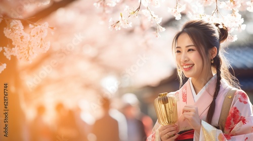 Woman in kimono at cherry blossom festival photo