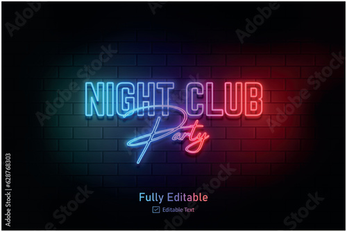 Vector neon effect logo for neon text effect and neon light night party editable text effect and night club
