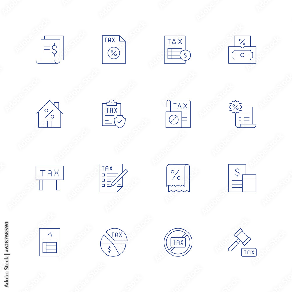 Tax line icon set on transparent background with editable stroke. Containing taxes, tax, inheritance, house, bill, receipt, accounting, pie chart, no tax, court.