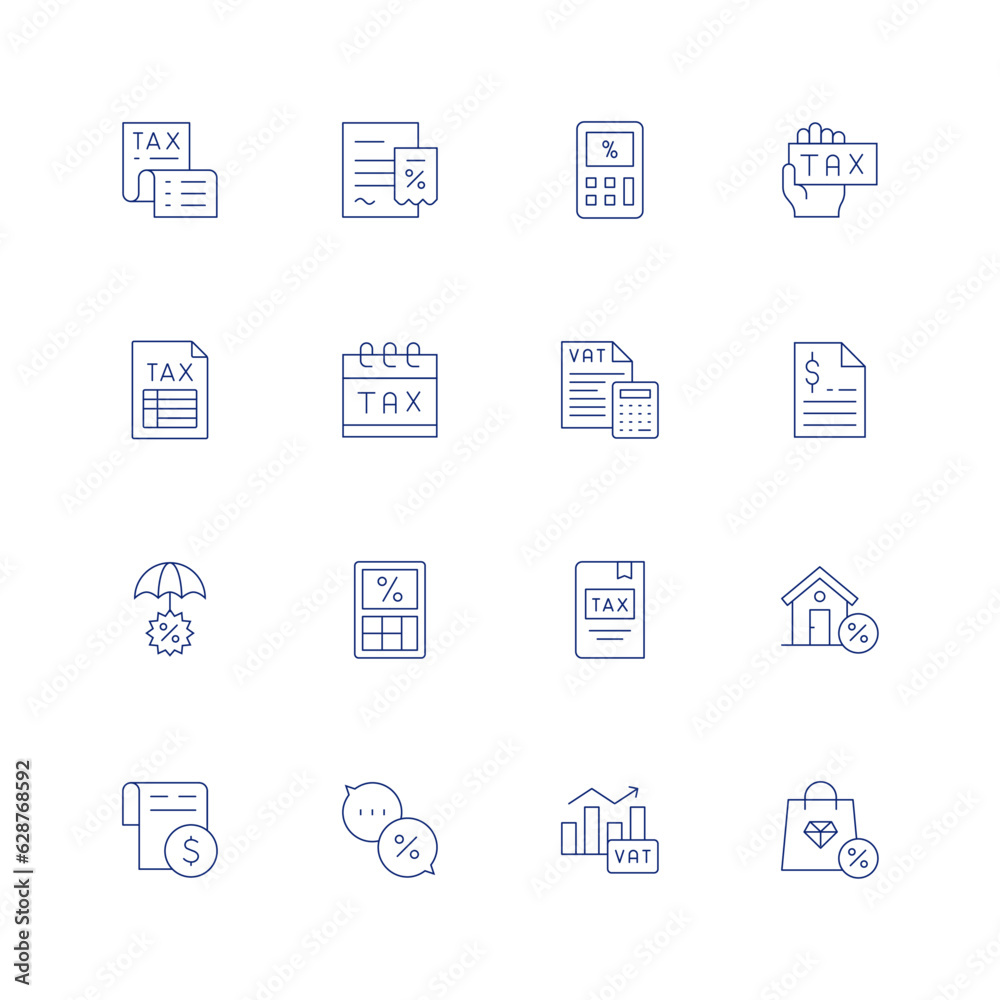 Tax line icon set on transparent background with editable stroke. Containing tax, inheritance, calculator, calendar, calculation, financial, protection, book, property, money, chat, bar chart, luxury.