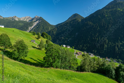 Alpine Bauernhöfe auf grünen Blumenwiesen zwischen steilen Bergen in den Alpen Österreichs. schöne Aussicht mit Blumen auf Weiden und Wäldern. Dreistufige Alpwirtschaft im Großen Walsertal