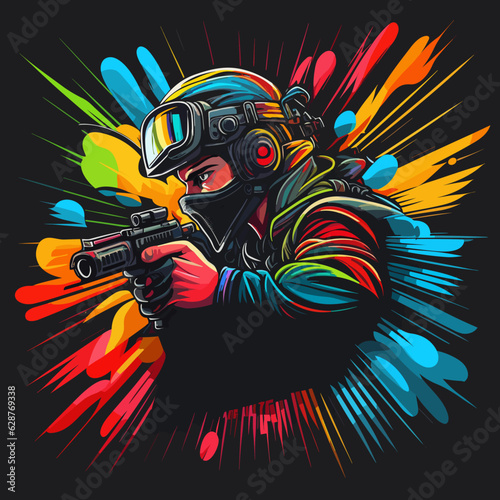 Airsoft player Soldier with weapons at war. Splashes of color from gunshots in the background. Cartoon vector illustration.