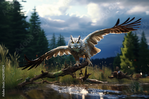 Owls soaring gracefully in the great outdoors are among the most fascinating of birds. Generative AI © cwa
