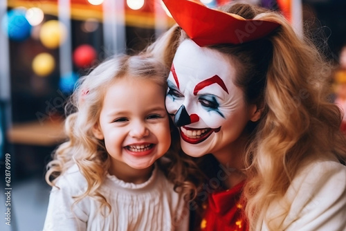 Loving mom and daughter preparing for Halloween party. Mother Daughter Halloween.