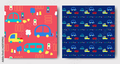 Seamless patterns collection for kids. Cute graphic elements, .elements with cute cars, hand-drawn in children's style used for fabric, textile, print, and decorative wallpaper