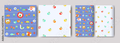Seamless patterns for kids, cute graphic elements, elements with cute animals, hand-drawn in children's style used for fabric, textile, print, and decorative wallpaper, wrapping paper