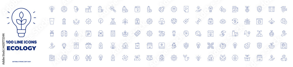 100 icons Ecology collection. Thin line icon. Editable stroke. Containing sustainable energy, eco friendly, carbon footprint, eco factory, eco battery, ecology, detergent, eco fuel, plastic bottle.