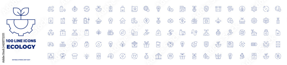 100 icons Ecology collection. Thin line icon. Editable stroke. Containing electric car, eco battery, box, ecology, engineering, eco packaging, eco, recycling, green energy, earth, save energy.