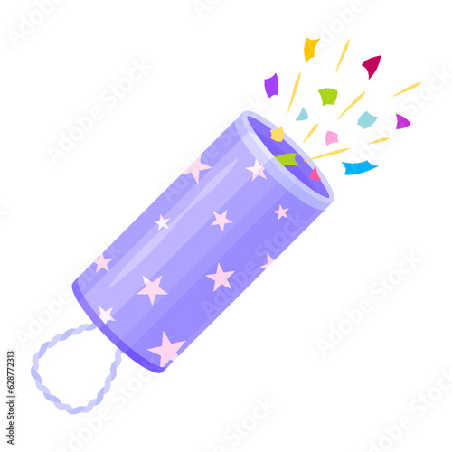 Firework clapper confetti petard surprise flat. Festival celebration equipment explosive toy launch salute birthday celebrate fireworker tools firecracker pyrotechnic cracker ribbon colorful isolated