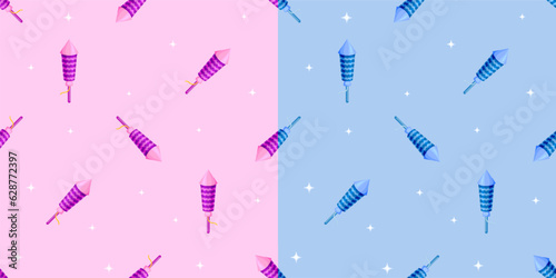 Firework rocket petard star seamless pattern flat. Pink blue cover night sky wrapping paper cover boy girl baby pattern fabric wallpaper texture birthday party celebrate fireworker tools firecracker