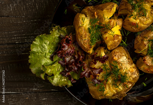 Baked potato on the black plate decorated with green dill and lettuce