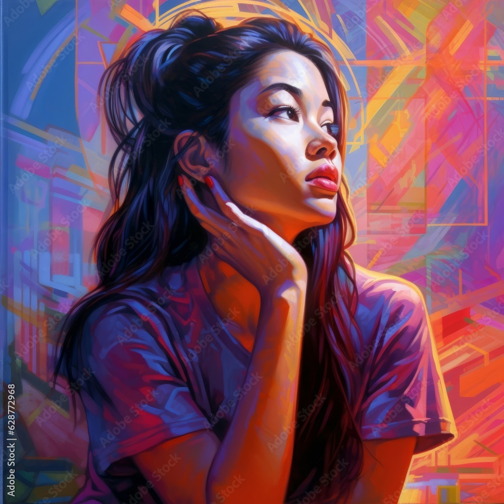 Asian young woman in thinking and doubts illustration. Female hipster character with dreamy face on abstract background. Ai generated bright drawn colorful poster.