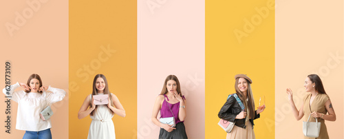 Collage of modern young women with elegant bags on color background