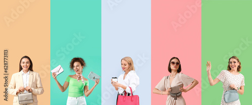 Foto Collage of fashionable young women with elegant bags on color background