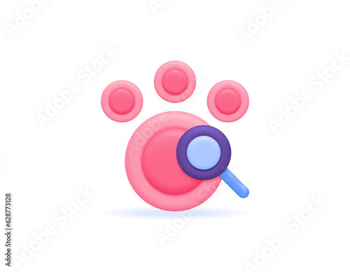 animal medical checks. diagnosis and analysis. veterinary specialists. application or software for consultation and health. symbol of a paw and a magnifying glass. 3D icons. minimalist 3d concept desi
