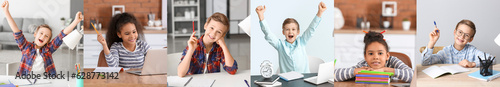 Collage of cute little children doing homework
