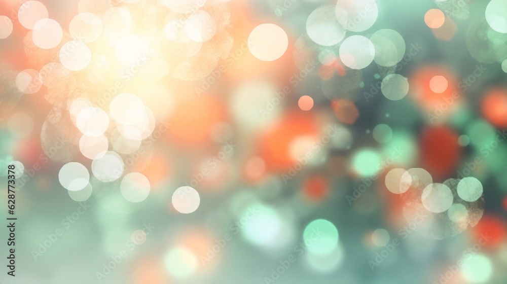 Fototapeta premium Generative AI : Blurred bokeh light on Mint Green and Coral background. Christmas and New Year holidays template. Abstract glitter defocused blinking stars and sparks.