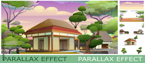 Japanese style house. set of slides create parallax image layer. Cartoon style. Isolated on white background. Vector.
